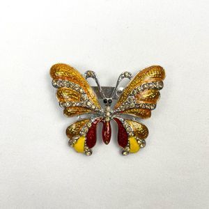 Vintage Butterfly Brooch Pin Orange Yellow Enamel &‎ Silver Tone Costume Jewelry